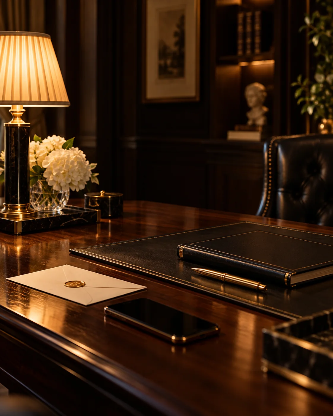 Elegant private office desk with envelope, lamp and phone for Merlo Private Staffing contact page